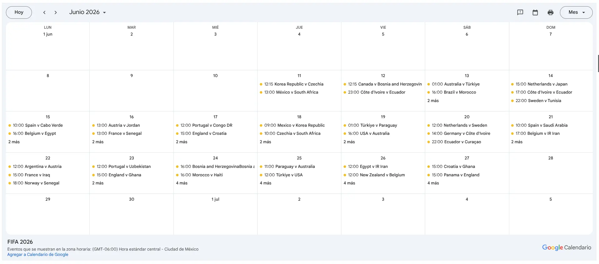 FIFA World Cup 2026 game schedule in Google Calendar