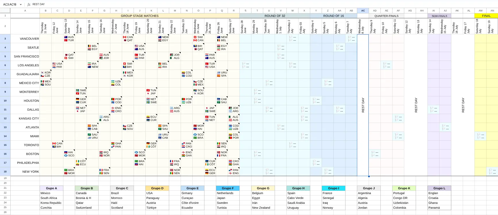 FIFA World Cup 2026 game schedule in Excel